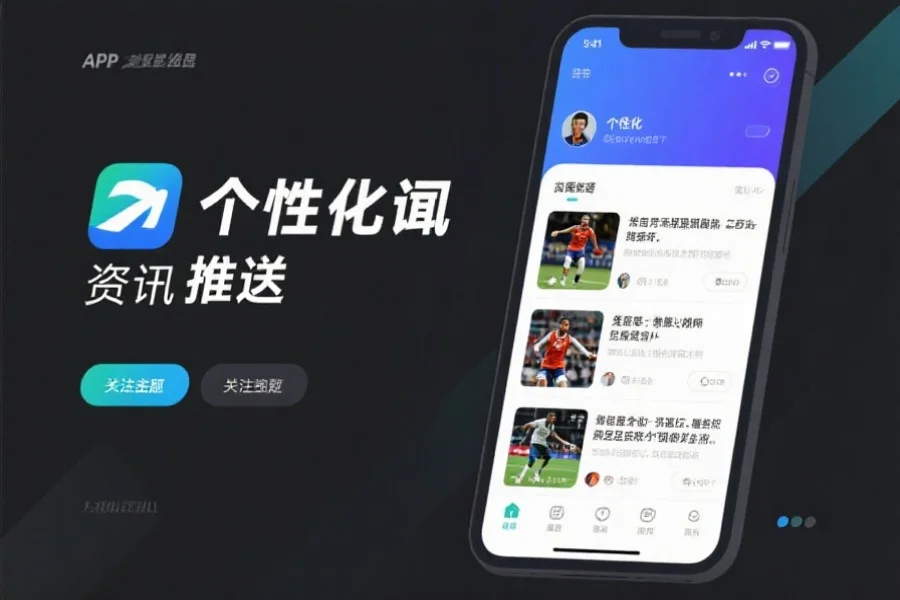 APP界面展示个性化资讯推送，包含足球、篮球等不同类型运动新闻，用户可选择关注主题